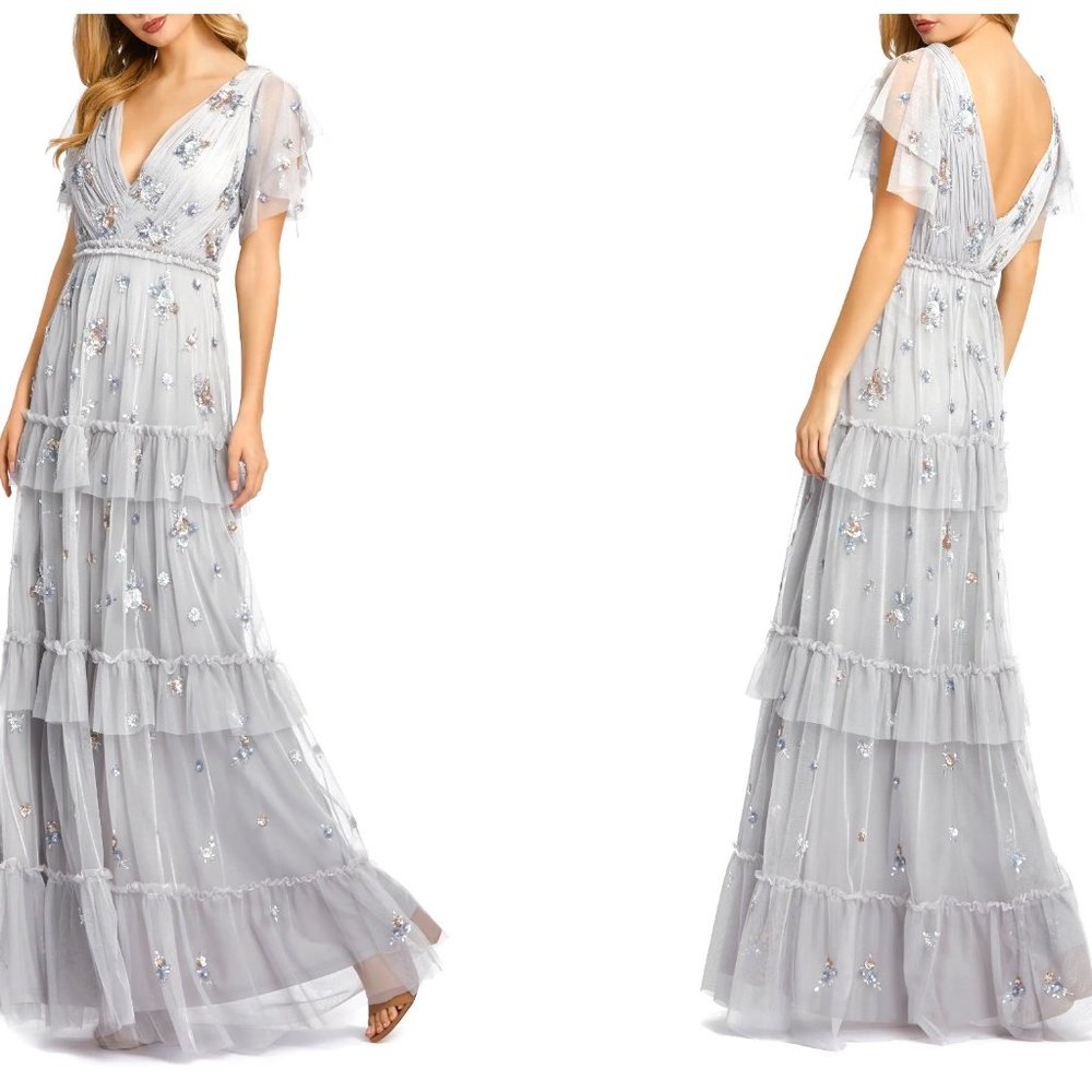 Mac Duggal Sequin Tiered Flutter Sleeve Gown in Platinum